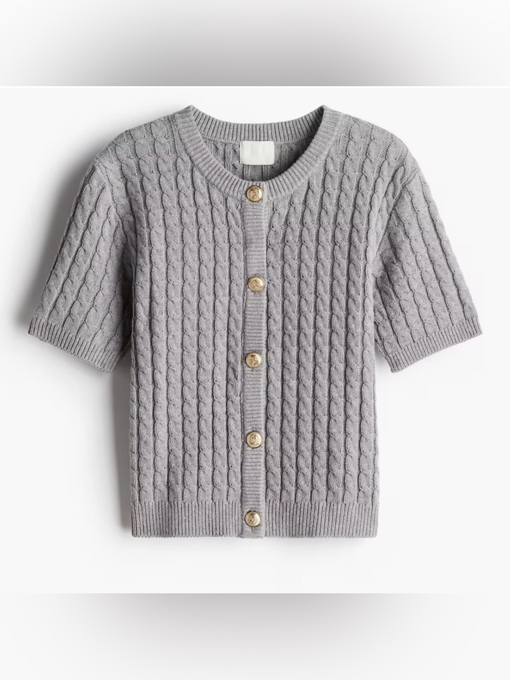 H&M Short-Sleeve Cable Knit Cardigan in Gray with Gold Buttons